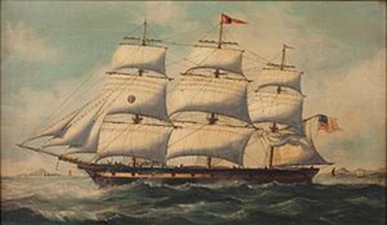 A painting of a ship in the water with USS Constitution in the background
Description automatically generated